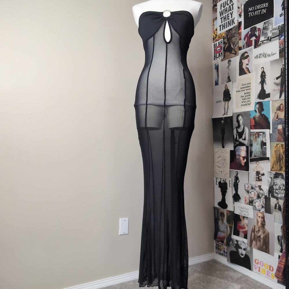 Black Strapless Keyhole Mesh Maxi Dress